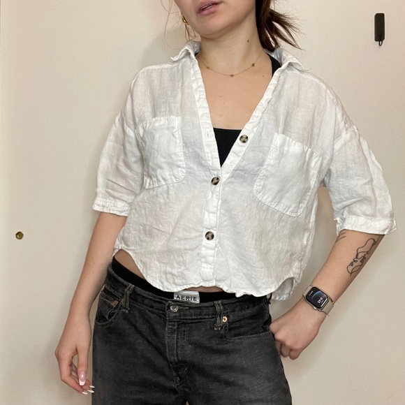 Zara Tops Zara Pure White Linen Boxy Sheer Short Sleeve Button Up